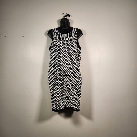 ANN TAYLOR Sleeveless Dress L Large Navy Blue White Print Knit Office Career - Picture 1 of 11